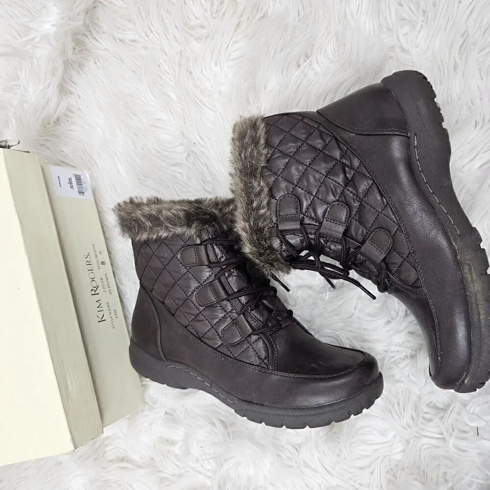 Kim Rogers Kam Quilted Fur Lined Lace Up Ankle Boot Size 8M Dark Brown